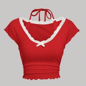 Red halter shirt with white lace
